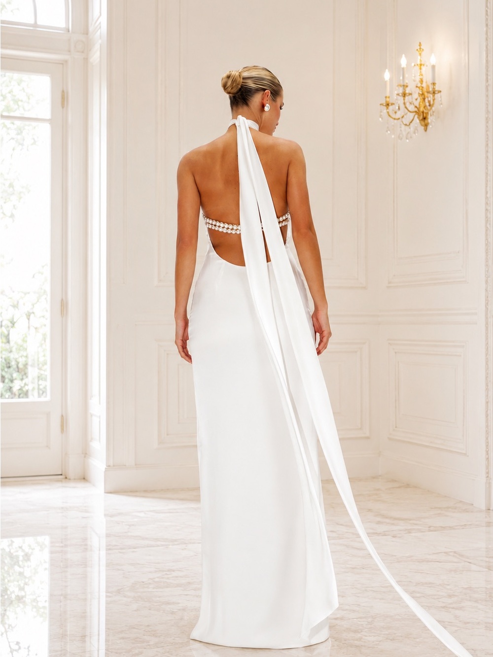 Luxury White Silk Open Back Evening Gown with Pearl Detail & Side Slit